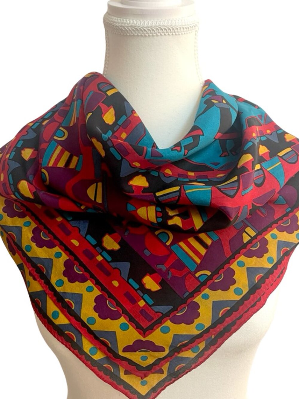 Vintage Tribal Folk Art Square Scarf | Boho Ethnic Print | Red Teal Mustard | 28